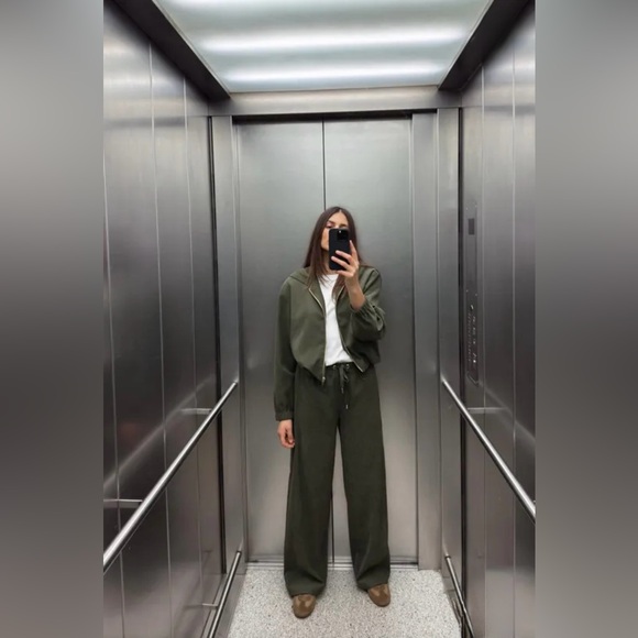 ZARA TEXTURED WIDE LEG PANTS DARK KHAKI GREEN - Picture 3 of 6